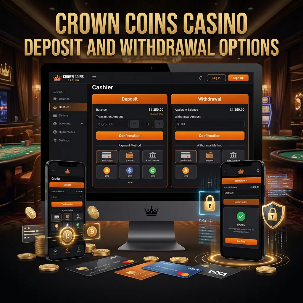 Crown Coins Casino deposit and withdrawal options for US players, including Apple Pay, Visa, Mastercard, and Skrill payment methods.